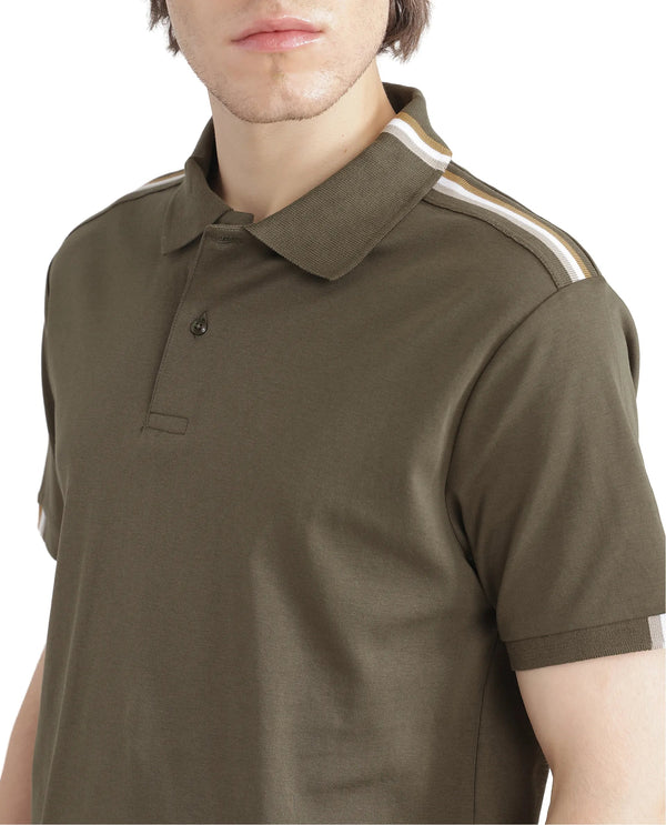 Rare Rabbit Men Loui Olive Cotton Fabric Striped Short Sleeve and Collar Neck Plain Polo