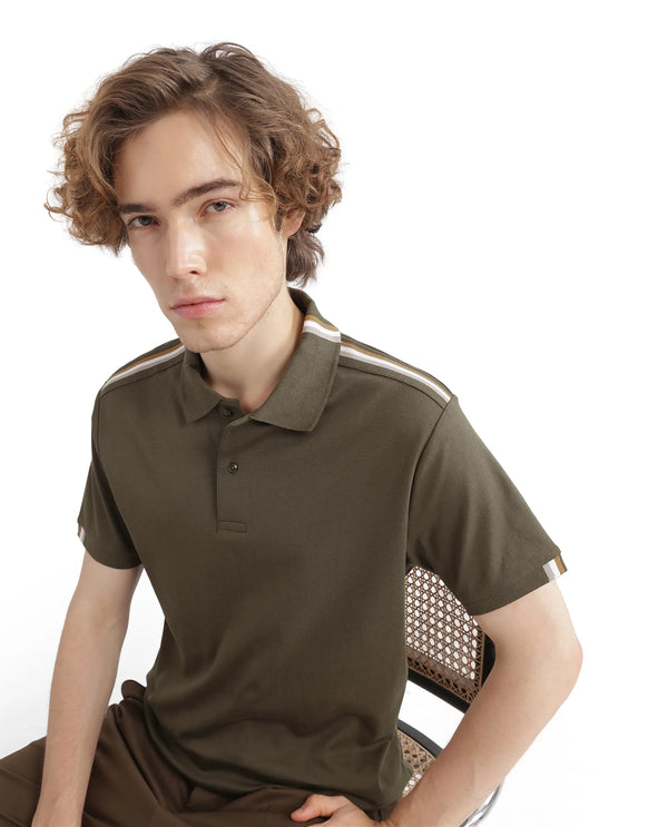 Rare Rabbit Men Loui Olive Cotton Fabric Striped Short Sleeve and Collar Neck Plain Polo