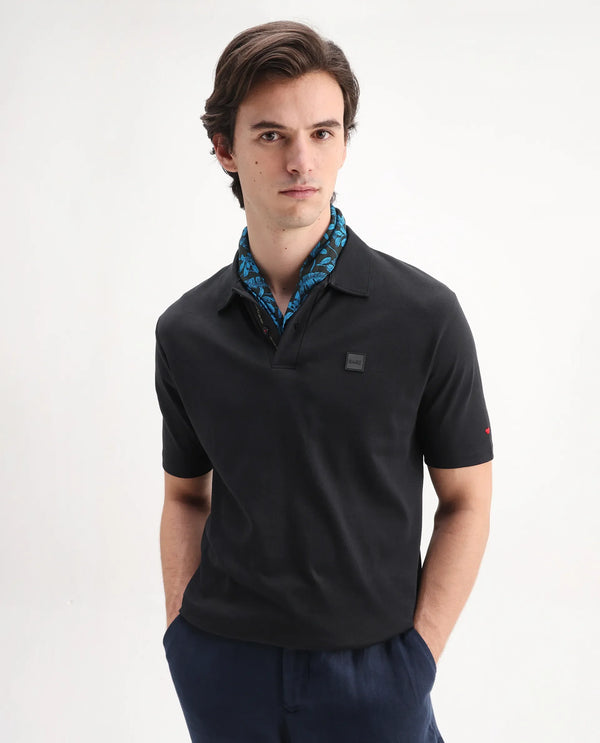 Rare Rabbit Men Lov Black Cotton Fabric Short Sleeve I love You Embroidered Regular Collar Plain Polo
