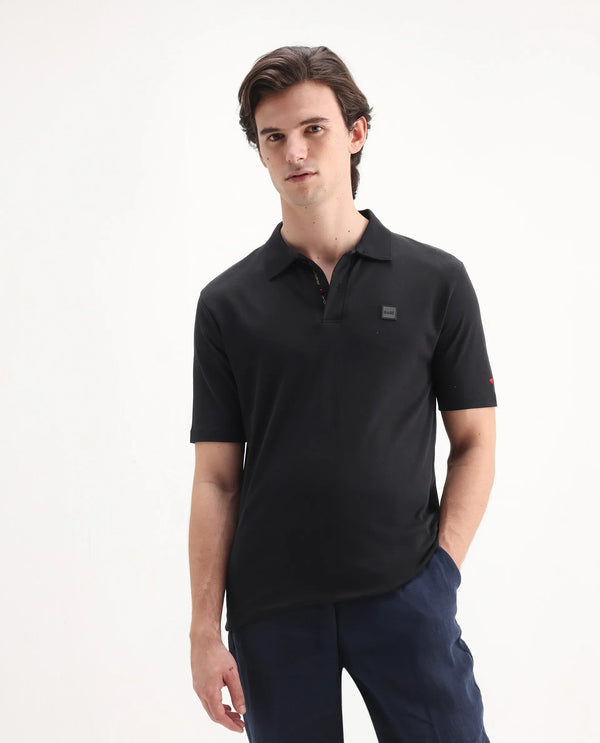 Rare Rabbit Men Lov Black Cotton Fabric Short Sleeve I love You Embroidered Regular Collar Plain Polo