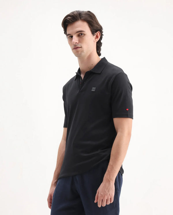 Rare Rabbit Men Lov Black Cotton Fabric Short Sleeve I love You Embroidered Regular Collar Plain Polo