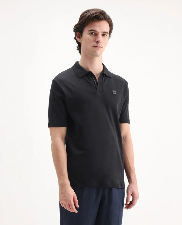 Rare Rabbit Men Lov Black Cotton Fabric Short Sleeve I love You Embroidered Regular Collar Plain Polo