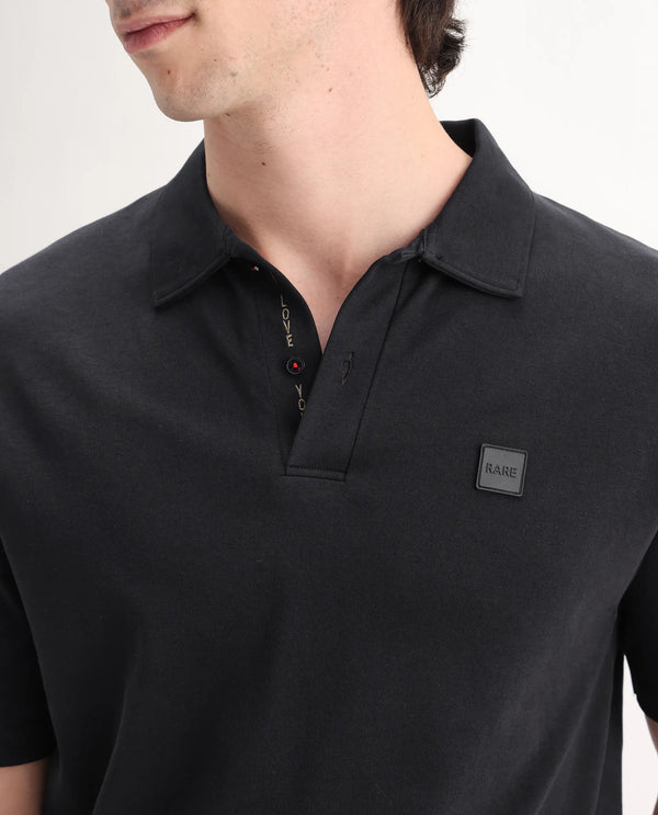 Rare Rabbit Men Lov Black Cotton Fabric Short Sleeve I love You Embroidered Regular Collar Plain Polo