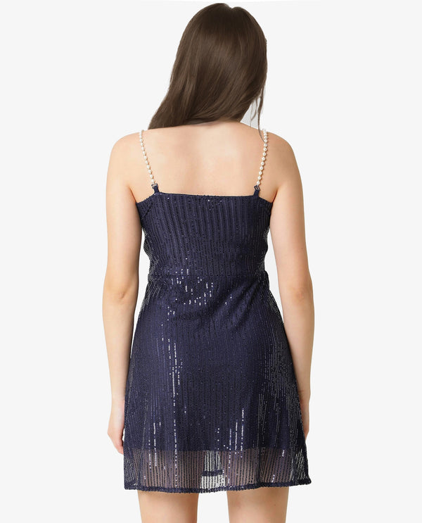 Rareism Women Lovez Dark Blue V Neck Detachable Shoulder Pearl Straps Sequin Party Mini Dress