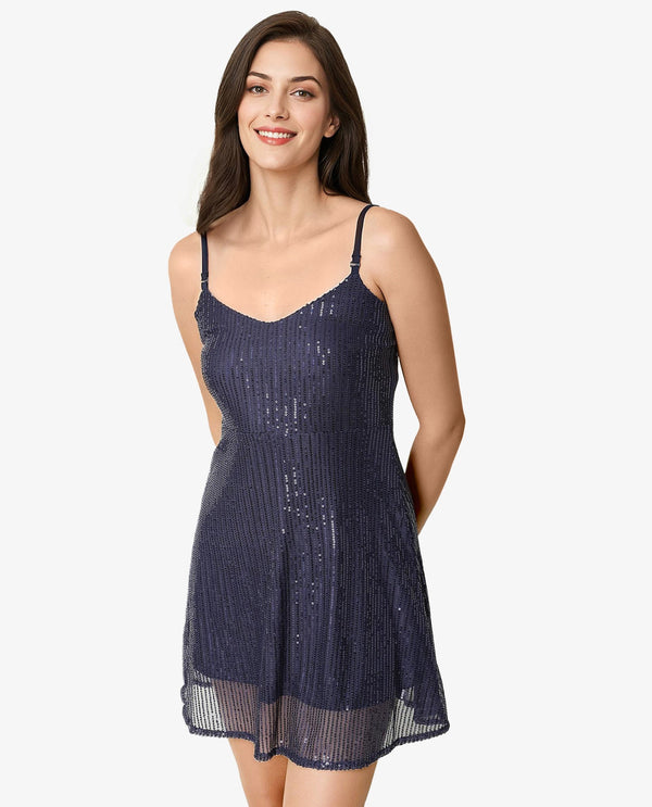 Rareism Women Lovez Dark Blue V Neck Detachable Shoulder Pearl Straps Sequin Party Mini Dress
