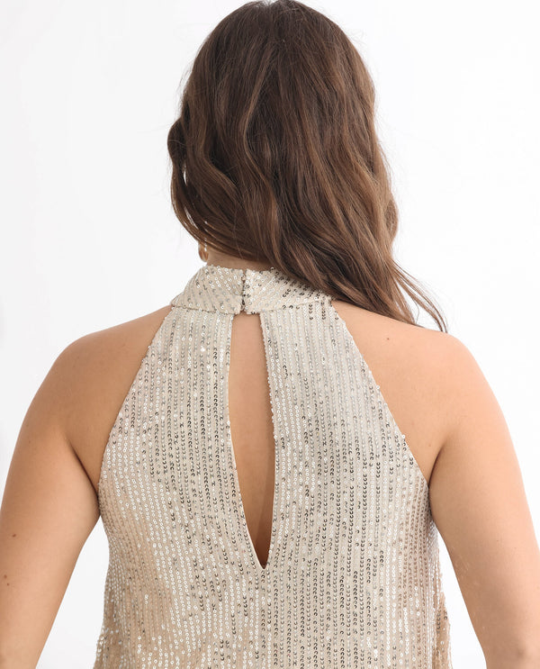 Rareism Women Lovia Beige Nylon Fabric Regular Fit Halter Neck Sleeveless Sequined Top