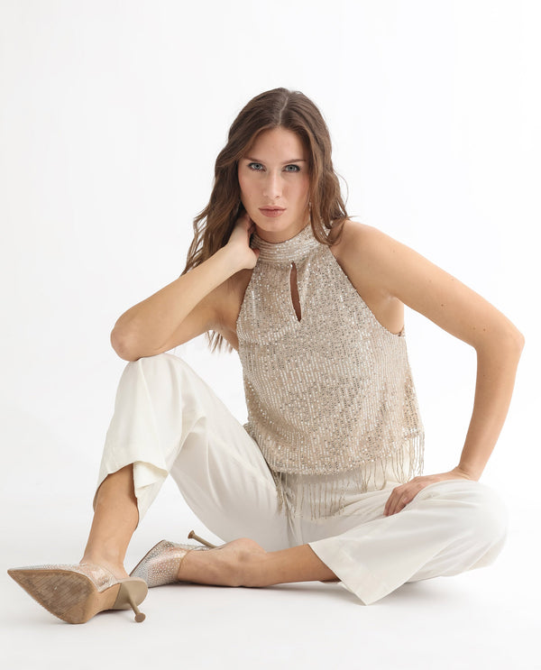 Rareism Women Lovia Beige Nylon Fabric Regular Fit Halter Neck Sleeveless Sequined Top