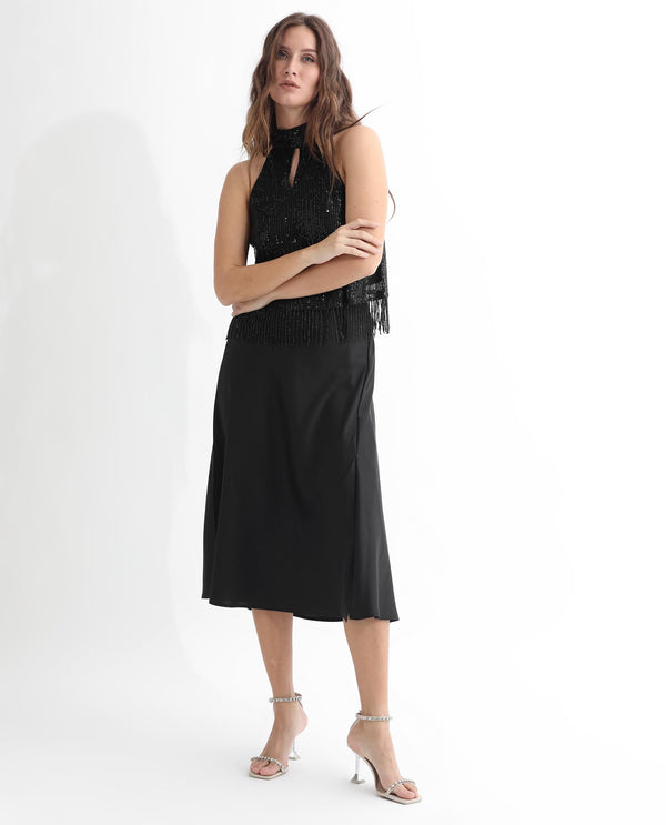 Rareism Women Lovia Black Nylon Fabric Regular Fit Halter Neck Sleeveless Sequined Top