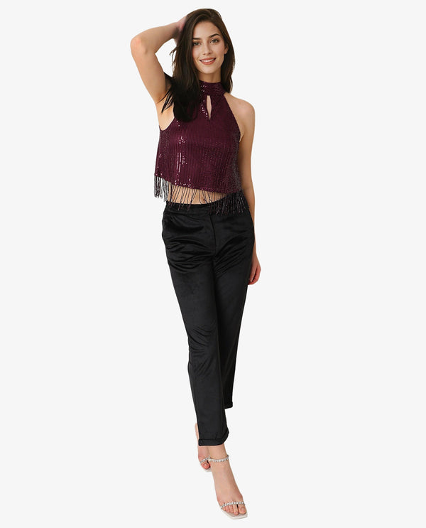 Rareism Women Lovia Dark Maroon Nylon Fabric Regular Fit Halter Neck Sleeveless Sequined Top