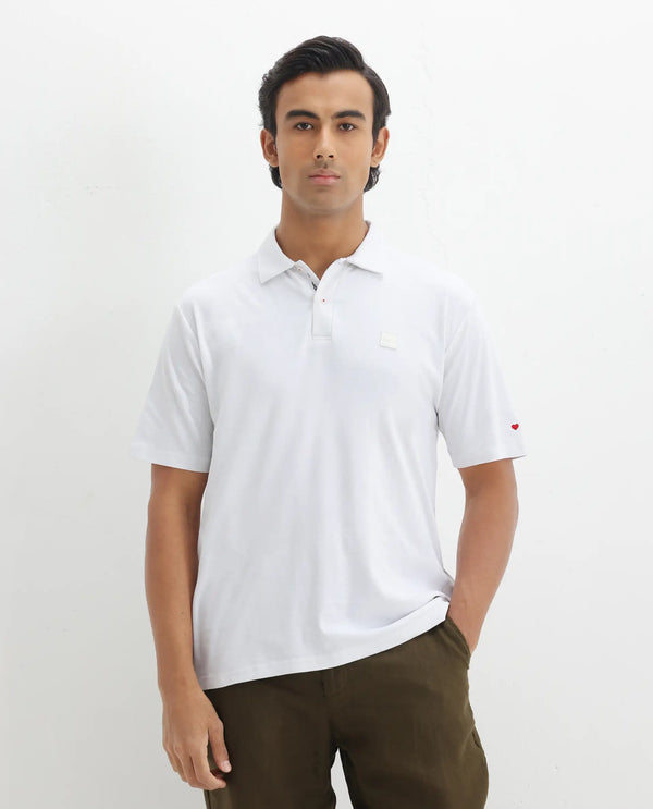 Rare Rabbit Men Lov White Cotton Fabric Short Sleeve I love You Embroidered Regular Collar Plain Polo