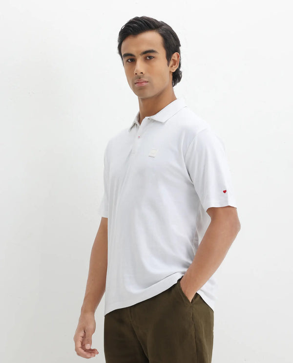 Rare Rabbit Men Lov White Cotton Fabric Short Sleeve I love You Embroidered Regular Collar Plain Polo