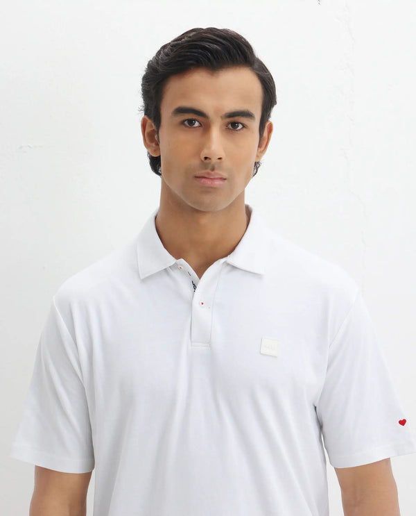 Rare Rabbit Men Lov White Cotton Fabric Short Sleeve I love You Embroidered Regular Collar Plain Polo
