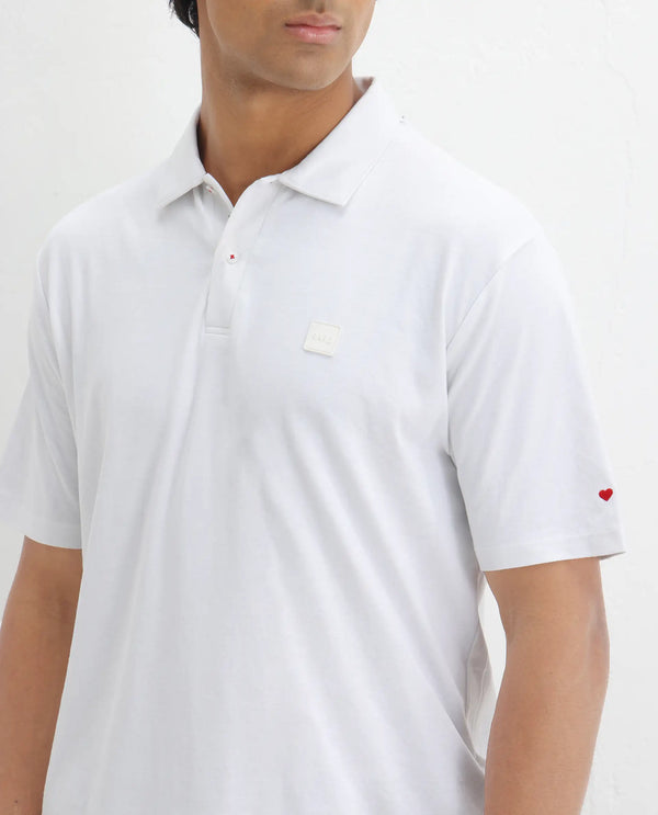 Rare Rabbit Men Lov White Cotton Fabric Short Sleeve I love You Embroidered Regular Collar Plain Polo