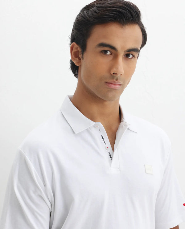 Rare Rabbit Men Lov White Cotton Fabric Short Sleeve I love You Embroidered Regular Collar Plain Polo