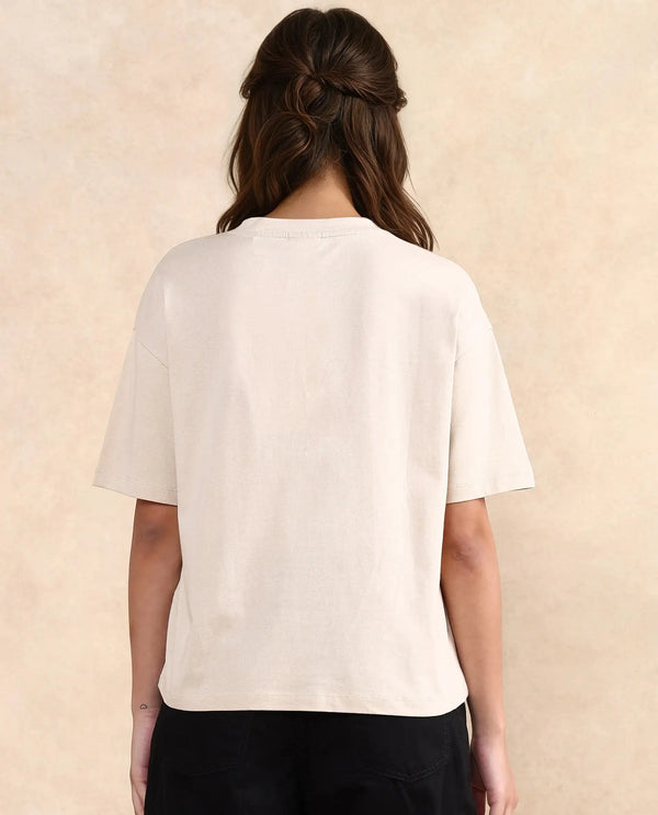 Rareism Women Lowe Beige Cotton Blend Fabric Short Sleeve Crew Neck Regular Fit Graphic Print T-Shirt