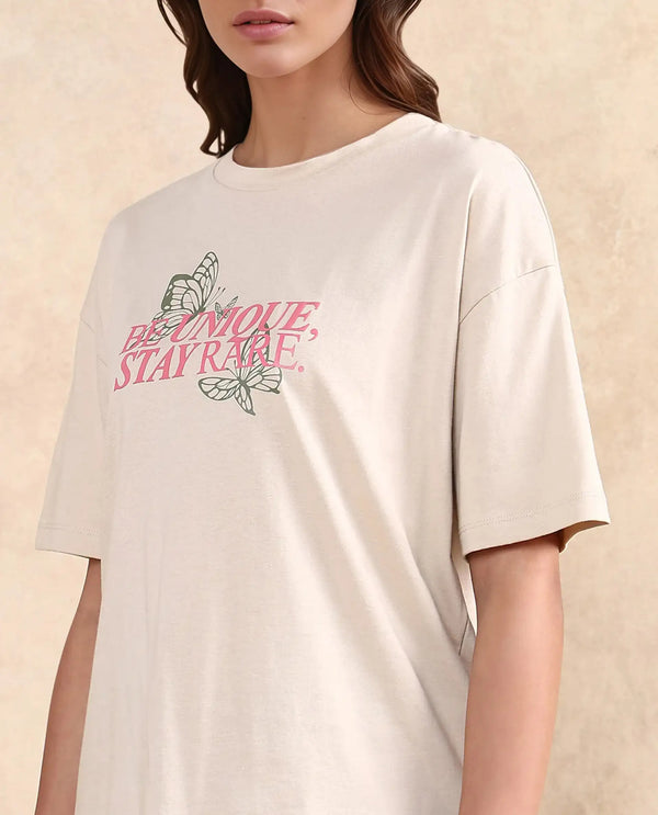 Rareism Women Lowe Beige Cotton Blend Fabric Short Sleeve Crew Neck Regular Fit Graphic Print T-Shirt