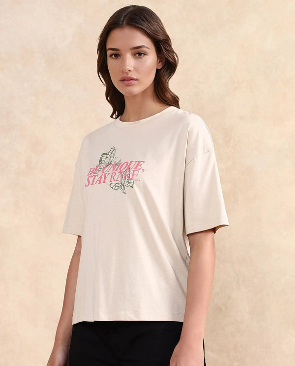 Rareism Women Lowe Beige Cotton Blend Fabric Short Sleeve Crew Neck Regular Fit Graphic Print T-Shirt