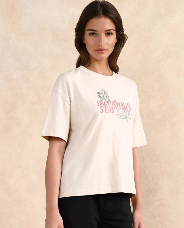 Rareism Women Lowe Beige Cotton Blend Fabric Short Sleeve Crew Neck Regular Fit Graphic Print T-Shirt