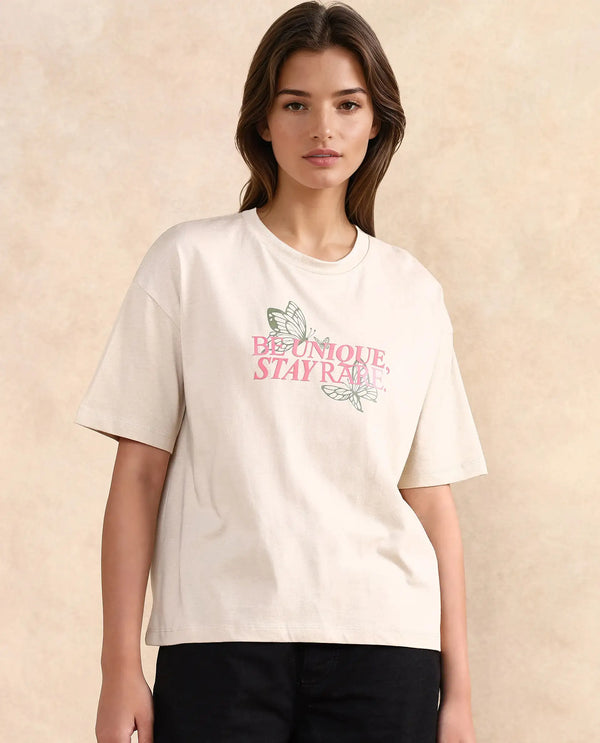 Rareism Women Lowe Beige Cotton Blend Fabric Short Sleeve Crew Neck Regular Fit Graphic Print T-Shirt