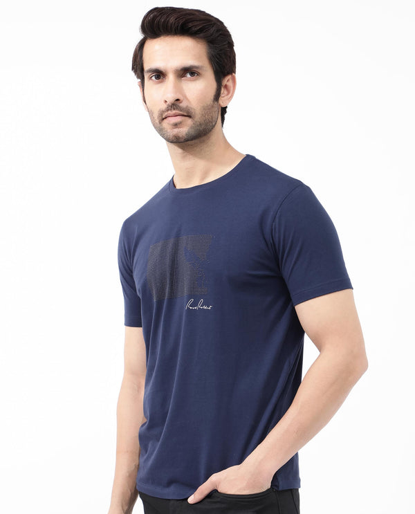 Rare Rabbit Articale Mens Lowell Navy Cotton Polyester Fabric Short Sleeve Crew Neck Regular Fit Graphic Printed T-Shirt