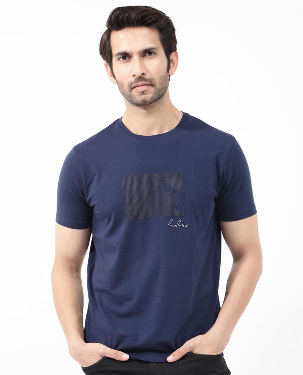 Rare Rabbit Articale Mens Lowell Navy Cotton Polyester Fabric Short Sleeve Crew Neck Regular Fit Graphic Printed T-Shirt