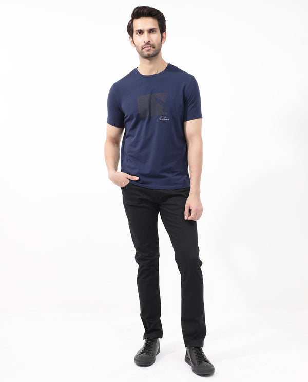 Rare Rabbit Articale Mens Lowell Navy Cotton Polyester Fabric Short Sleeve Crew Neck Regular Fit Graphic Printed T-Shirt