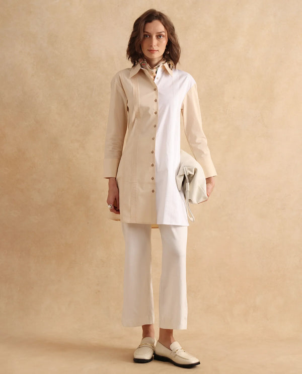 Rareism Women Loibx White & Beige Cuffed Sleeve Collared Neck Straight Fit Mini Plain Dress