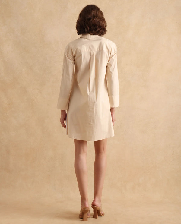 Rareism Women Loibx White & Beige Cuffed Sleeve Collared Neck Straight Fit Mini Plain Dress