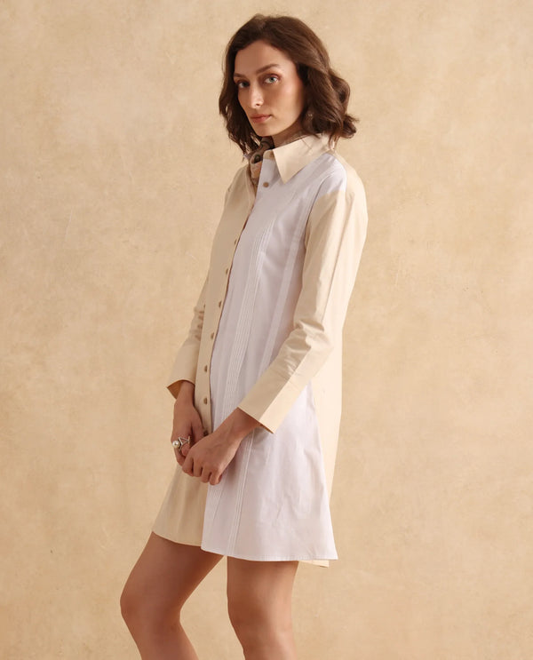 Rareism Women Loibx White & Beige Cuffed Sleeve Collared Neck Straight Fit Mini Plain Dress