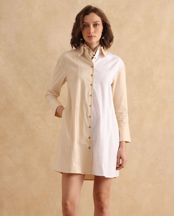 Rareism Women Loibx White & Beige Cuffed Sleeve Collared Neck Straight Fit Mini Plain Dress