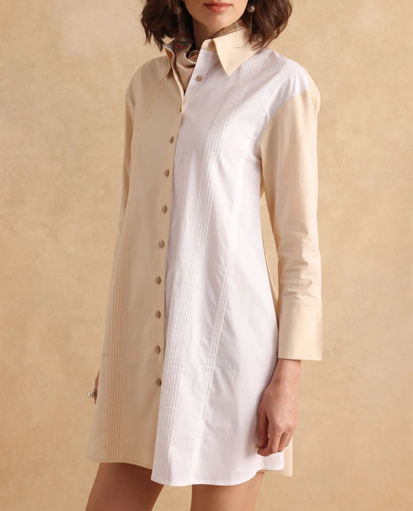 Rareism Women Loibx White & Beige Cuffed Sleeve Collared Neck Straight Fit Mini Plain Dress