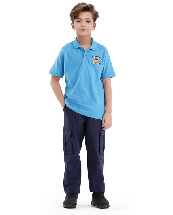 Rare Ones Kids Luan Light Blue Cotton Short Sleeve Applique Print Polo