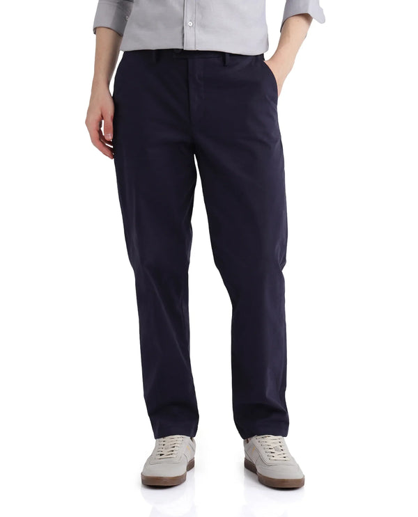 Rare Rabbit Men Lubeck Navy Cotton Fabric Back Flap Pocket Relaxed Fit Solid Trouser