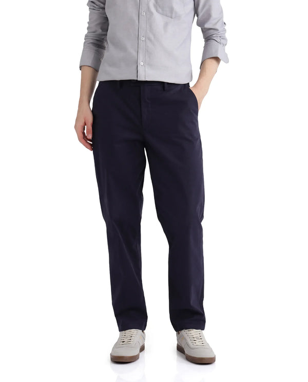 Rare Rabbit Men Lubeck Navy Cotton Fabric Back Flap Pocket Relaxed Fit Solid Trouser
