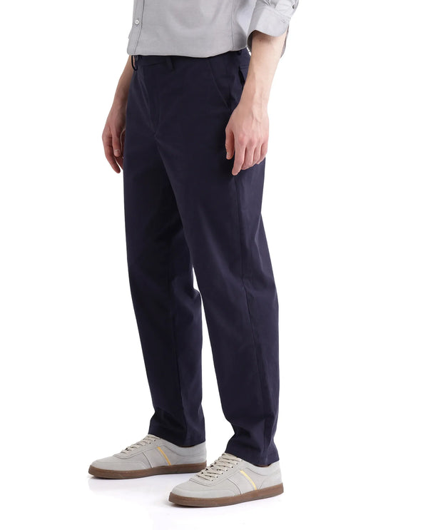 Rare Rabbit Men Lubeck Navy Cotton Fabric Back Flap Pocket Relaxed Fit Solid Trouser