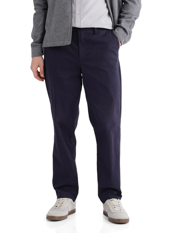 Rare Rabbit Men Lubeck Navy Cotton Fabric Back Flap Pocket Relaxed Fit Solid Trouser