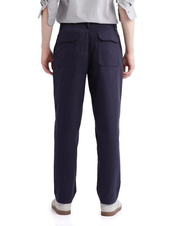 Rare Rabbit Men Lubeck Navy Cotton Fabric Back Flap Pocket Relaxed Fit Solid Trouser