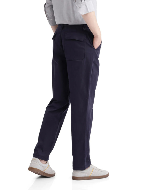 Rare Rabbit Men Lubeck Navy Cotton Fabric Back Flap Pocket Relaxed Fit Solid Trouser
