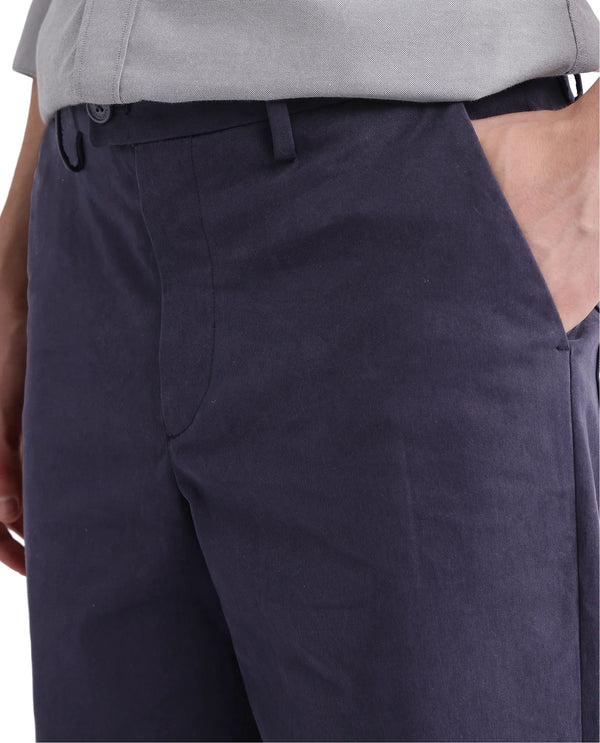 Rare Rabbit Men Lubeck Navy Cotton Fabric Back Flap Pocket Relaxed Fit Solid Trouser