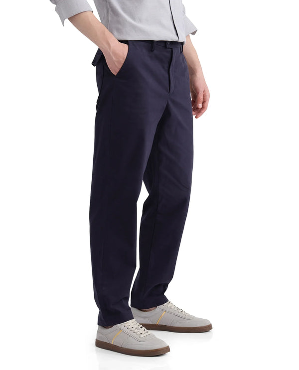 Rare Rabbit Men Lubeck Navy Cotton Fabric Back Flap Pocket Relaxed Fit Solid Trouser