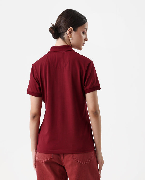 Rareism Women Lugano Maroon Cotton Poly Fabric Short Sleeve Polo Collar Button Closure Plain Polo