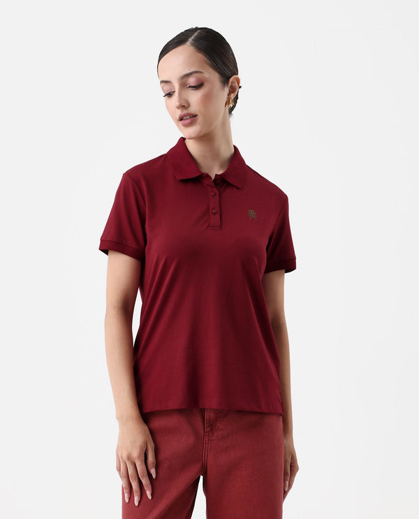 Rareism Women Lugano Maroon Cotton Poly Fabric Short Sleeve Polo Collar Button Closure Plain Polo