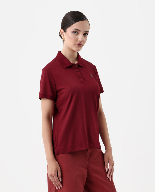 Rareism Women Lugano Maroon Cotton Poly Fabric Short Sleeve Polo Collar Button Closure Plain Polo