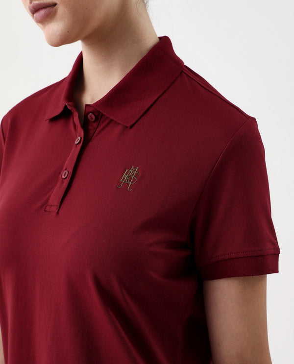 Rareism Women Lugano Maroon Cotton Poly Fabric Short Sleeve Polo Collar Button Closure Plain Polo