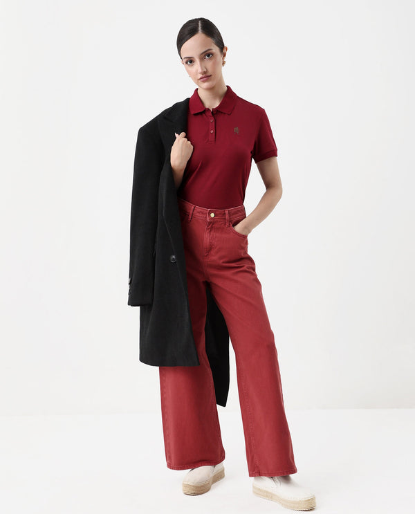 Rareism Women Lugano Maroon Cotton Poly Fabric Short Sleeve Polo Collar Button Closure Plain Polo