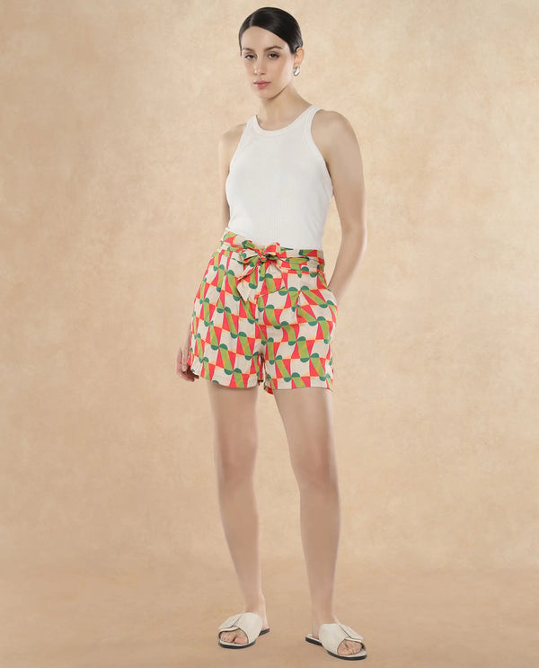 Rareism Women Lucca Multi Cotton Fabric Geometric Print Mini Shorts