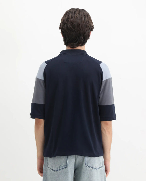 Rare Rabbit Men Lucid Navy Cotton Lycra Short Sleeve Collared Neck Button Closure Cut and Sew Polo