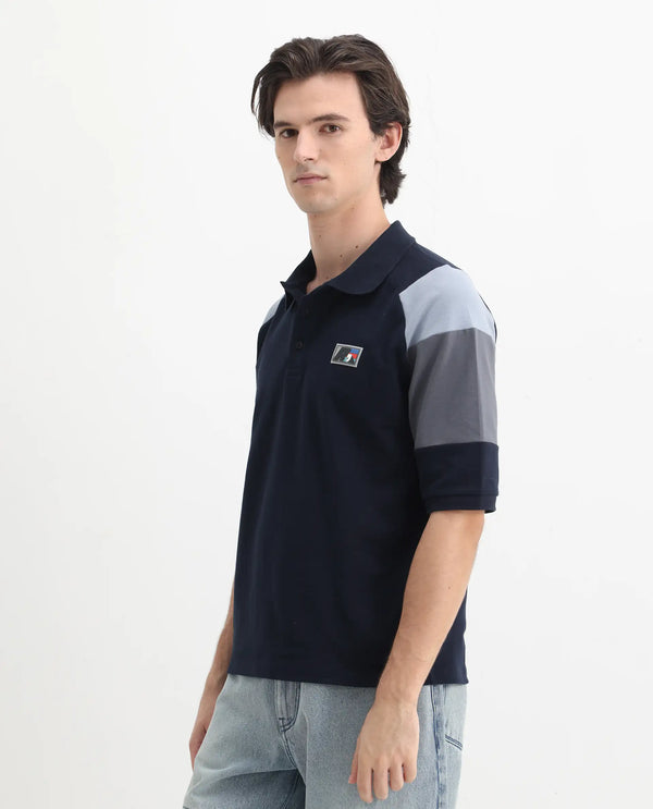 Rare Rabbit Men Lucid Navy Cotton Lycra Short Sleeve Collared Neck Button Closure Cut and Sew Polo