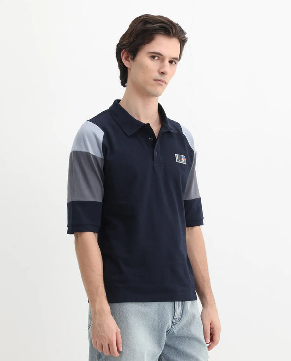 Rare Rabbit Men Lucid Navy Cotton Lycra Short Sleeve Collared Neck Button Closure Cut and Sew Polo
