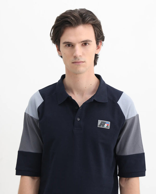 Rare Rabbit Men Lucid Navy Cotton Lycra Short Sleeve Collared Neck Button Closure Cut and Sew Polo